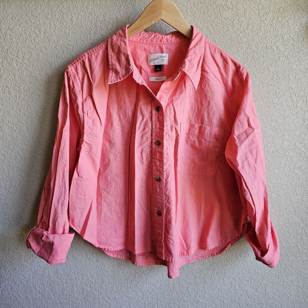 Universal Thread Cropped Long Sleeve Collared Button-Down Shirt Pink L Large - Picture 2 of 5